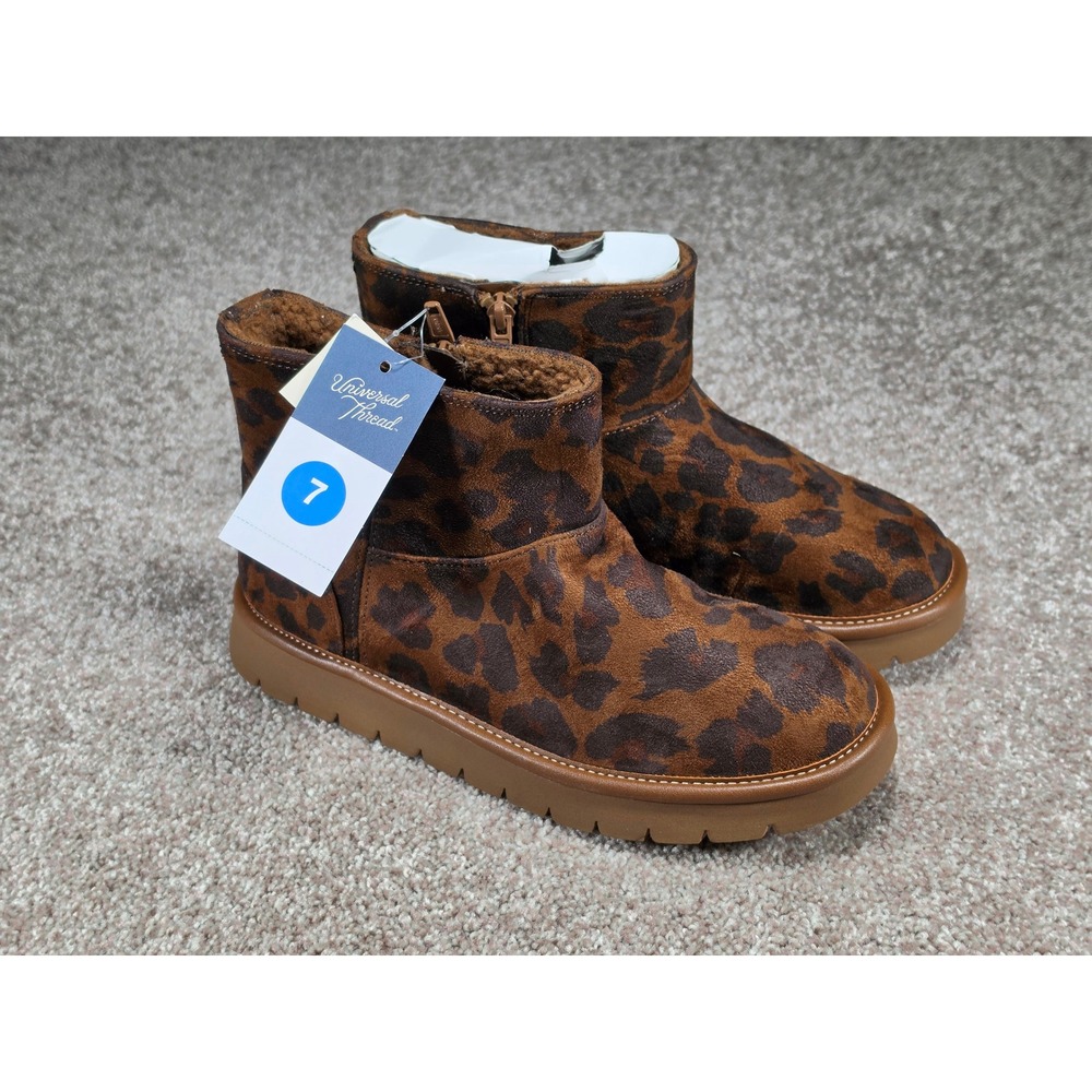 Universal Thread May Leopard Print Ankle Boots Brown Faux Shearling Zip Up 7